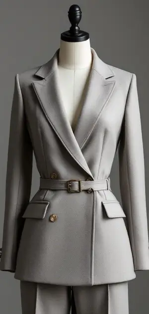 A grey belted blazer with a double-breasted design for women