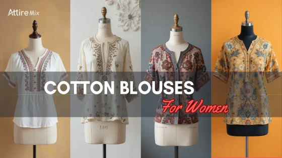 Four cotton blouses in white, beige, dark red, and mustard yellow displayed on mannequins.