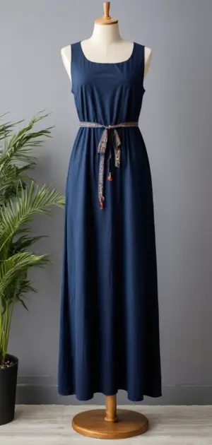 Navy blue sleeveless maxi dress with a patterned belt on a mannequin
