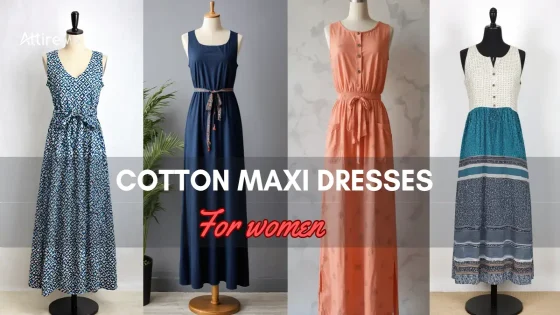 Four Cotton Maxi Dresses For women in various colors and designs on mannequins