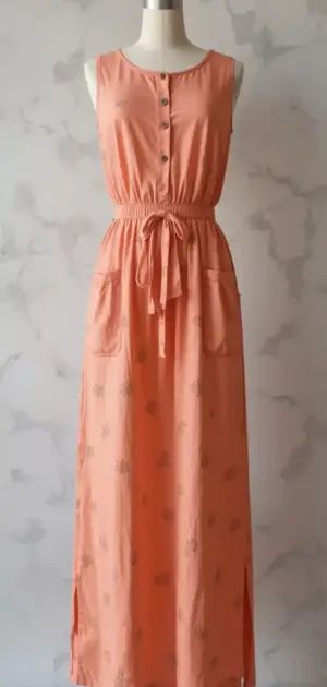 Sleeveless Cotton Maxi Dresses women with buttons and pockets on a mannequin