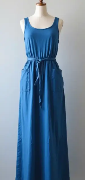 Blue sleeveless maxi dress with pockets and a waist tie on a mannequin
