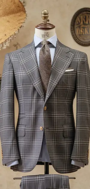 Grey checked double-breasted suit on a mannequin with tie