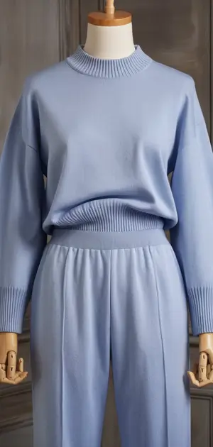 Mannequin wearing a soft blue cotton sweater with ribbed design