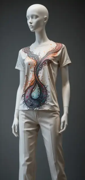 Mannequin in a white t-shirt with elaborate multicolored print