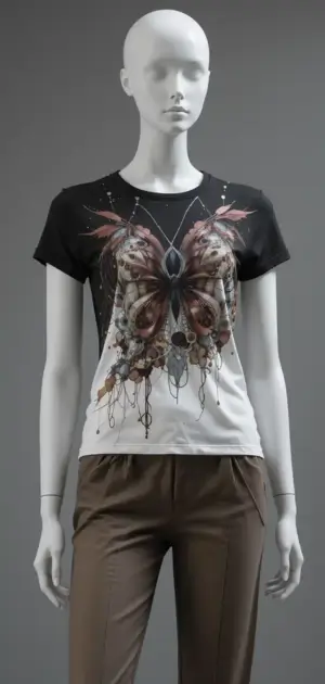Mannequin in a black and white t-shirt with butterfly motif