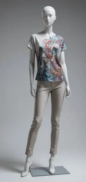 Mannequin in a grey t-shirt with detailed paisley and floral print