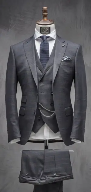 Light grey cotton three-piece suit on a mannequin