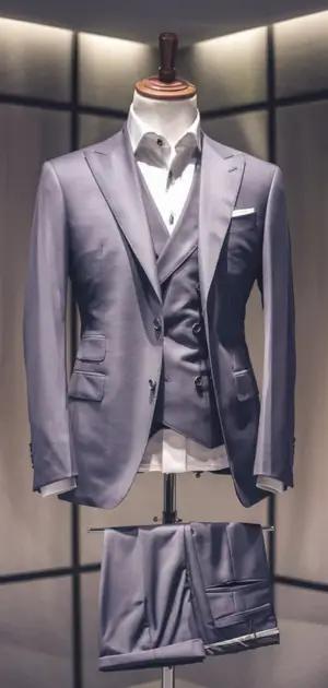 Charcoal grey cotton three-piece suit on display