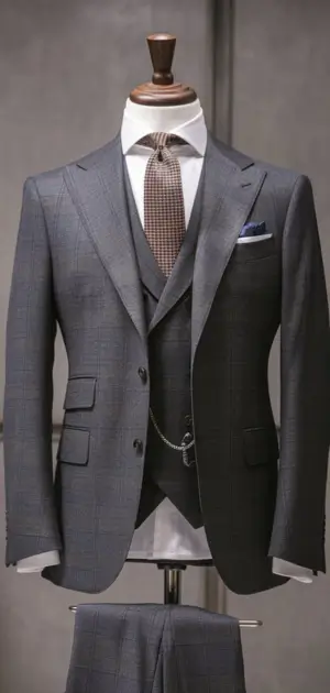 Mannequin displaying a navy cotton three-piece suit