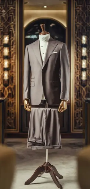Elegant grey cotton suit on a mannequin in a stylish store