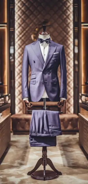 Sophisticated grey cotton suit showcased in an opulent store