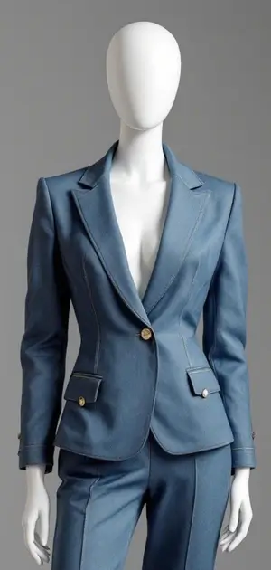 Light blue stretch denim blazer with gold buttons