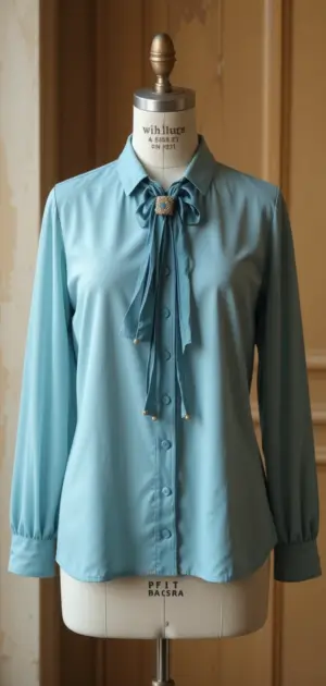 Elegant blue blouse featuring a bow tie neckline and a modern tailored fit.