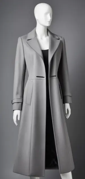 Mannequin displaying a long gray designer coat