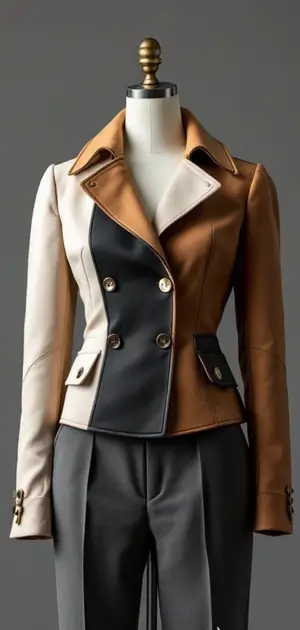 Taupe double-breasted Jacket with matching trousers on a mannequin