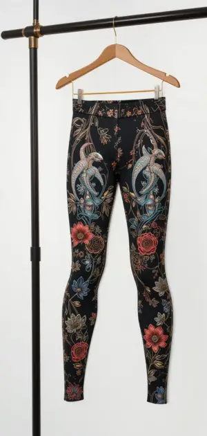 Women’s black leggings featuring colorful floral and bird embroidery designs.