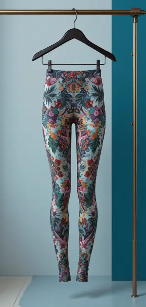 Designer leggings showcasing multicolored floral patterns on a light base.