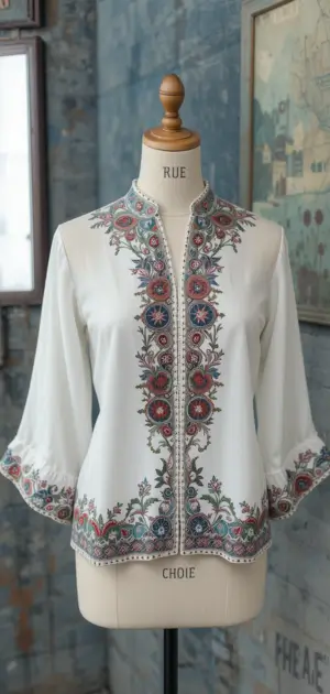 A white blouse featuring floral embroidery and a Mandarin collar is displayed on a mannequin.