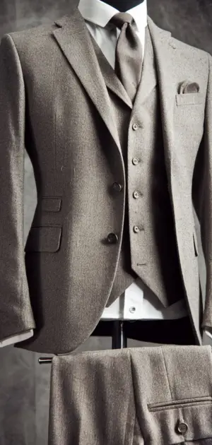 Light grey three-piece suit on display