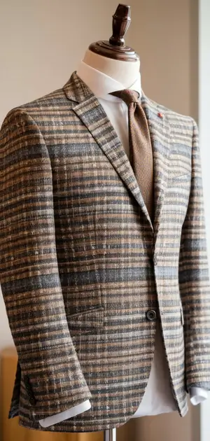 Brown and grey checked Donegal suit on display