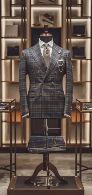 Plaid grey Donegal suit on display