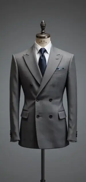 Gray double-breasted suit on display