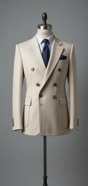 Beige double-breasted suit on display
