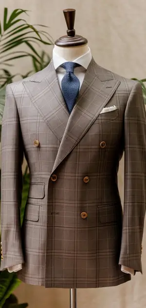 Brown plaid double-breasted suit displayed on a mannequin