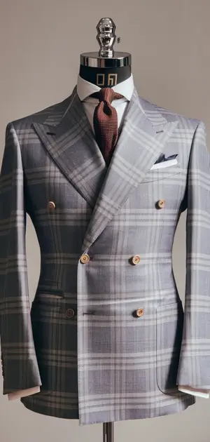 Dark grey plaid double-breasted suit displayed