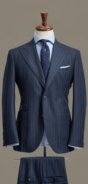 Close view of a navy double-breasted suit on a mannequin