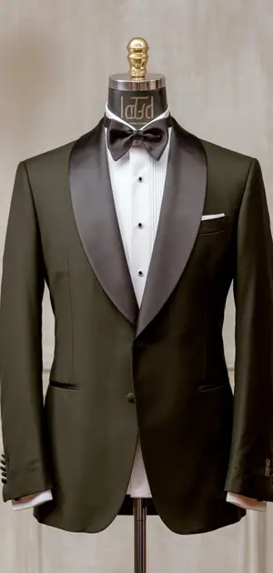 Mannequin displaying a sleek dark double-breasted tuxedo