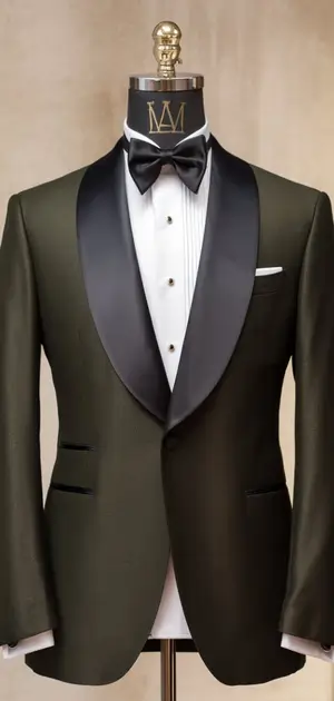 Mannequin in an elegant olive green double-breasted tuxedo