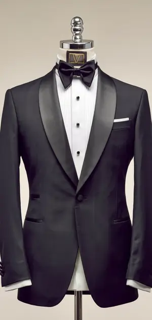 Mannequin dressed in a sophisticated black double-breasted tuxedo