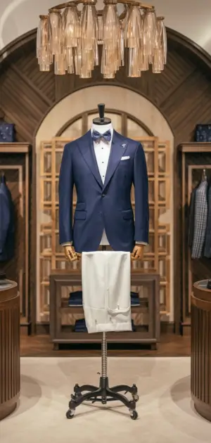 Navy double-breasted suit paired with white trousers