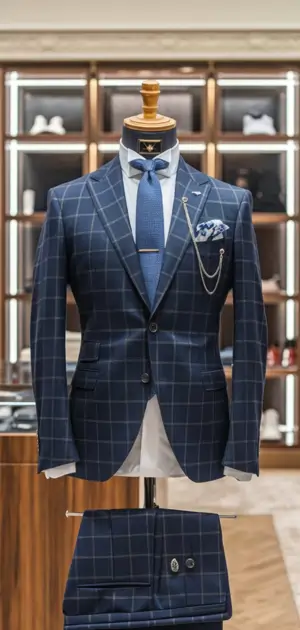 Checkered blue double-breasted suit on a stylish mannequin