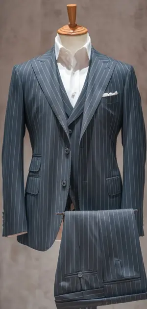 Mannequin displaying a navy pinstripe double-breasted suit