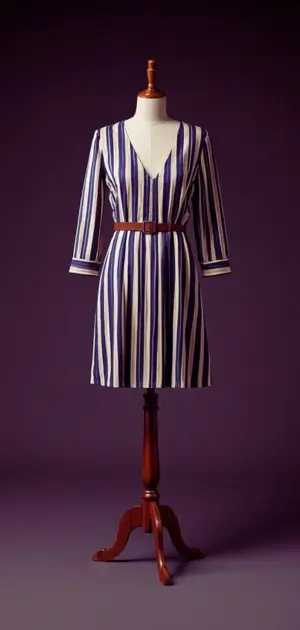 Women’s knit striped sweater dress in neutral tones.