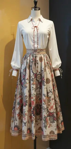 Cream floral A-line skirt with intricate embroidery and a collared blouse.