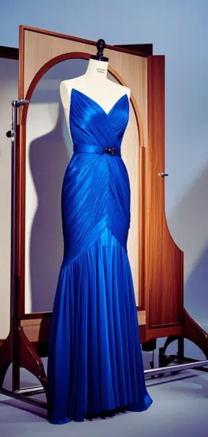 Flowing satin blue maxi dress on a model outdoors.