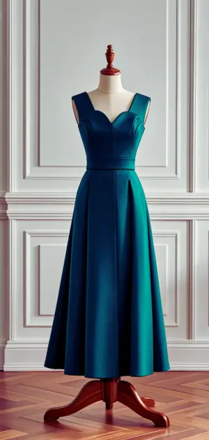Satin and chiffon evening gowns on display.