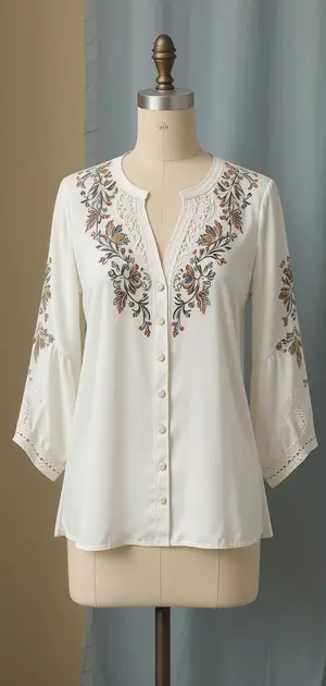 Various embroidered blouses showcasing soft, stylish fall fabrics.