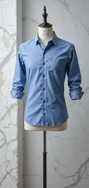 Mannequin in a light blue casual shirt with rolled sleeves on display.