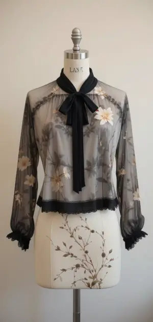 Black sheer blouse with floral embroidery and a chic bow detail.