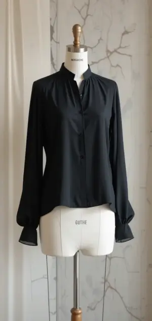 A sophisticated black blouse with soft fabric and a timeless, minimalist design.