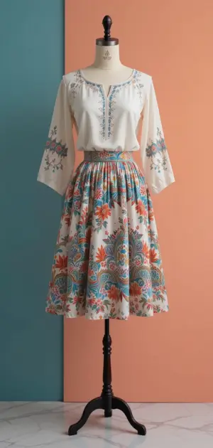A flowy floral print skirt in bright colors with a matching top.