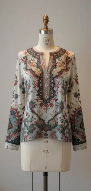 White blouse with detailed paisley and floral embroidery on a mannequin.