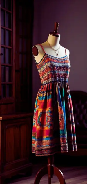 Maxi bohemian dress with earthy tones in a garden