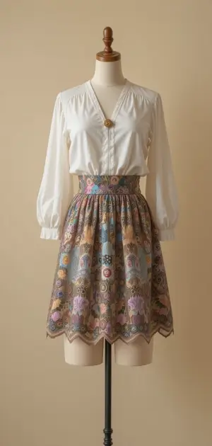 A mannequin dressed in a floral embroidered mini skirt.