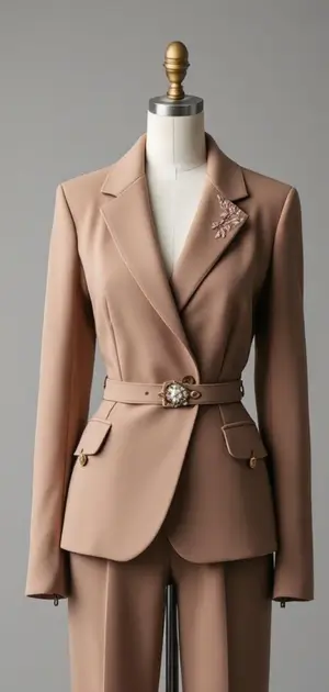 Taupe blazer with a decorative brooch and belt detail